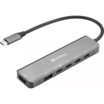 Dokovací hub SANDBERG USB-C 6-in-1 MediaDock — USB 3.2 Gen 1 Type-C 10 Gbit/s, 4K HDMI, PD až do 100 W, 1×USB-A, 1×USB2.0, sivý