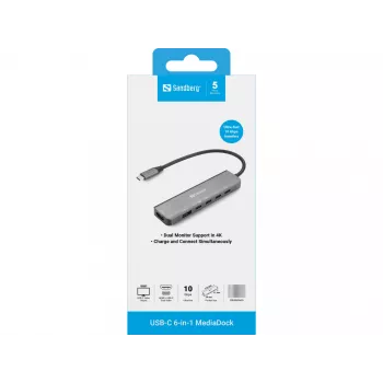 Dokovací hub SANDBERG USB-C 6-in-1 MediaDock — USB 3.2 Gen 1 Type-C 10 Gbit/s, 4K HDMI, PD až do 100 W, 1×USB-A, 1×USB2.0, sivý