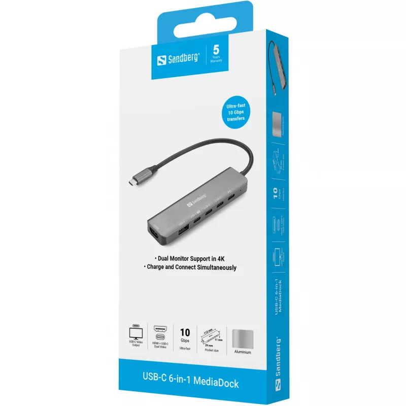 Sandberg 136-77 USB-C 6-in-1 MediaDock dokovacia stanica, HDMI + video USB-C, dvojité 4K@60Hz, USB-A/USB-C 10 Gbps, PD 100W, hliník