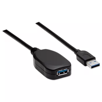 Manhattan USB-A na USB-A predlžovací kábel, 5 m, konektor samec na konektor samica, aktívny, 5 Gbit/s (USB 3.2 Gen1, známy aj ako USB 3.0), integrovaný repeater, SuperSpeed USB, čierny, trojročná záruka, zodpovedá USB2AAEXT5M.