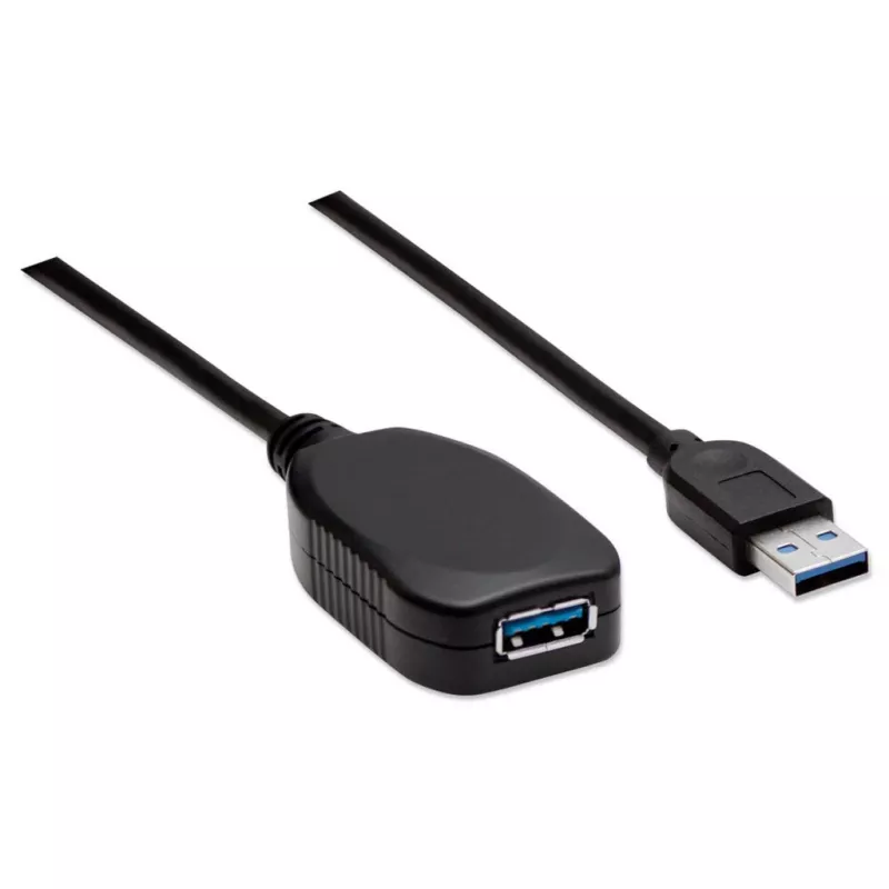 Manhattan USB-A na USB-A predlžovací kábel, 5 m, konektor samec na konektor samica, aktívny, 5 Gbit/s (USB 3.2 Gen1, známy aj ako USB 3.0), integrovaný repeater, SuperSpeed USB, čierny, trojročná záruka, zodpovedá USB2AAEXT5M.