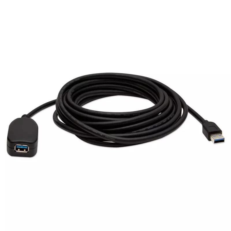 Manhattan USB-A na USB-A predlžovací kábel, 5 m, konektor samec na konektor samica, aktívny, 5 Gbit/s (USB 3.2 Gen1, známy aj ako USB 3.0), integrovaný repeater, SuperSpeed USB, čierny, trojročná záruka, zodpovedá USB2AAEXT5M.