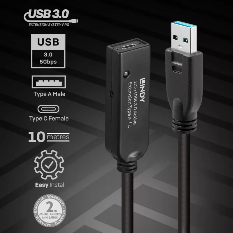 Lindy 10m USB 3.0 aktívny predlžovací kábel Type-A na Type-C