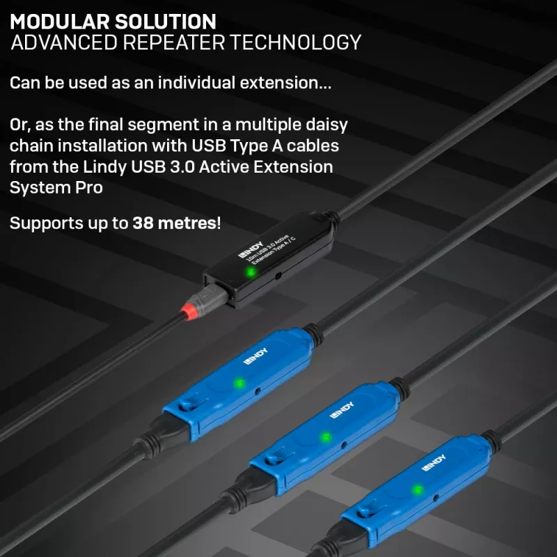 Lindy 10m USB 3.0 aktívny predlžovací kábel Type-A na Type-C