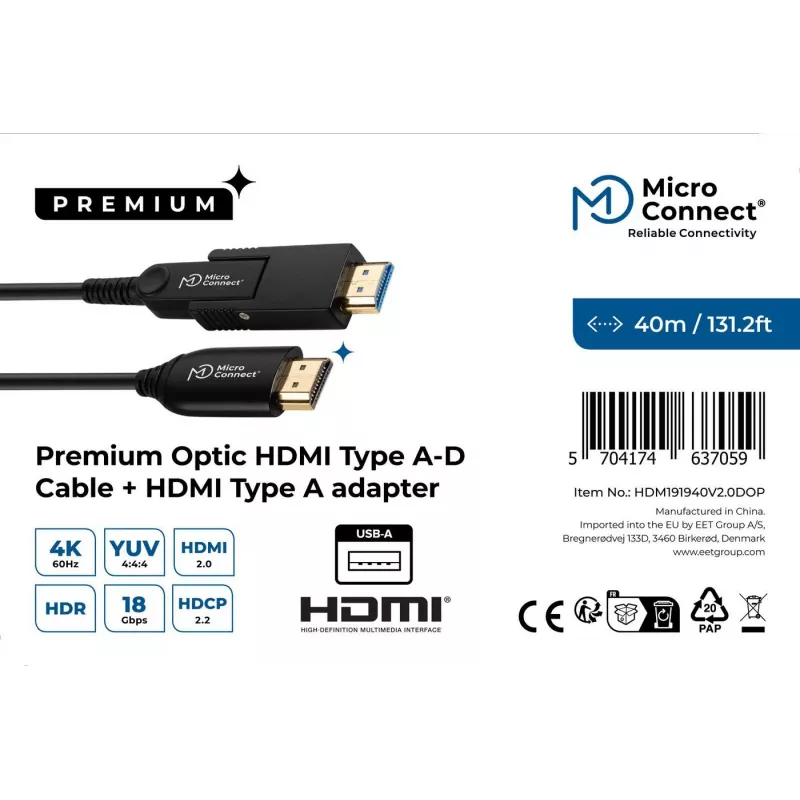 Microconnect Premium Optic HDMI A-D kábel 40 m 2.0 3D 18 Gbit/s