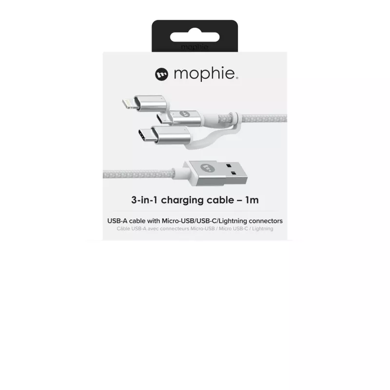 mophie nabíjací a synchronizačný kábel – USB-A na Micro/USB-C/LTG – 1 m – biely