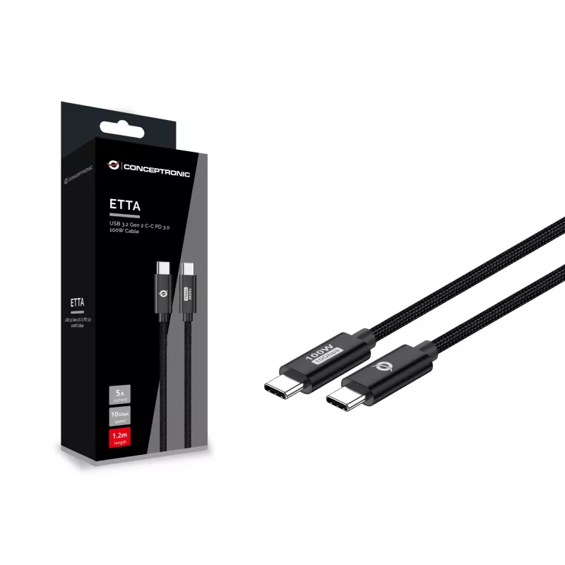 Conceptronic ETTA02B12 USB 3.2 Gen 2 C-C PD 3.0 100W kábel 1,2 m, 20 V 5 A, 10 Gbit/s, E-Mark