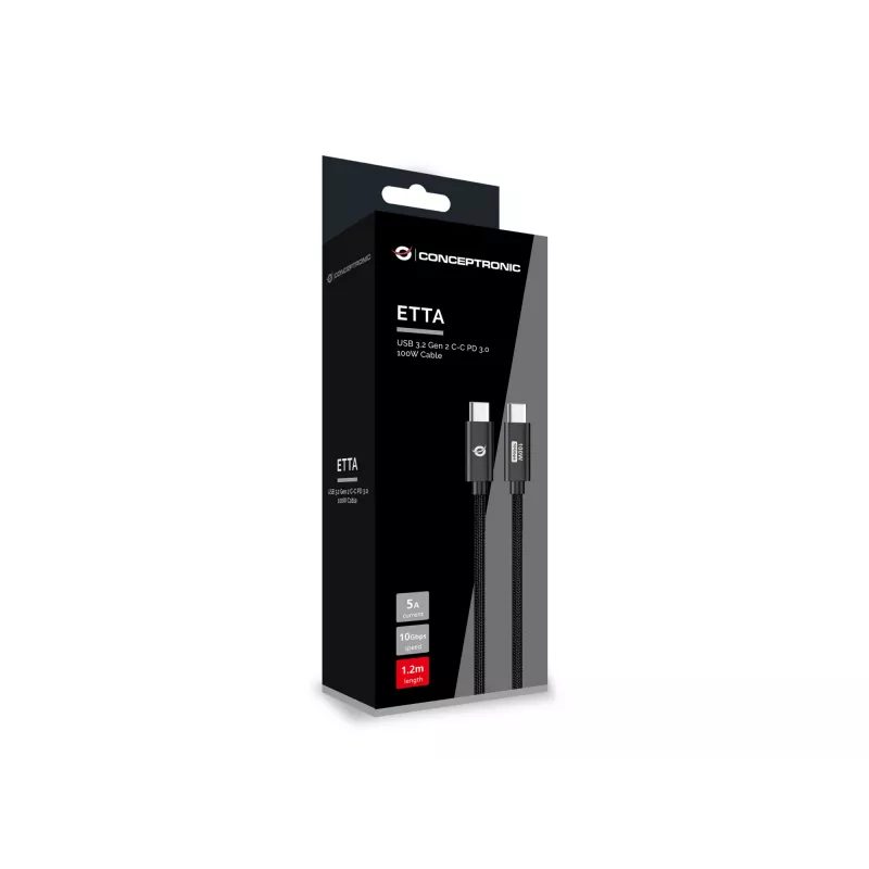 Conceptronic ETTA02B12 USB 3.2 Gen 2 C-C PD 3.0 100W kábel 1,2 m, 20 V 5 A, 10 Gbit/s, E-Mark