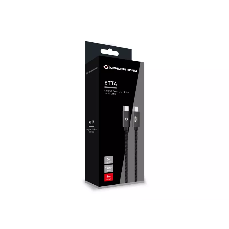 Conceptronic ETTA02B20 USB 3.2 Gen 2 C-C PD 3.0 100W kábel 2M, 20V 5A, 10Gbps, E-Mark