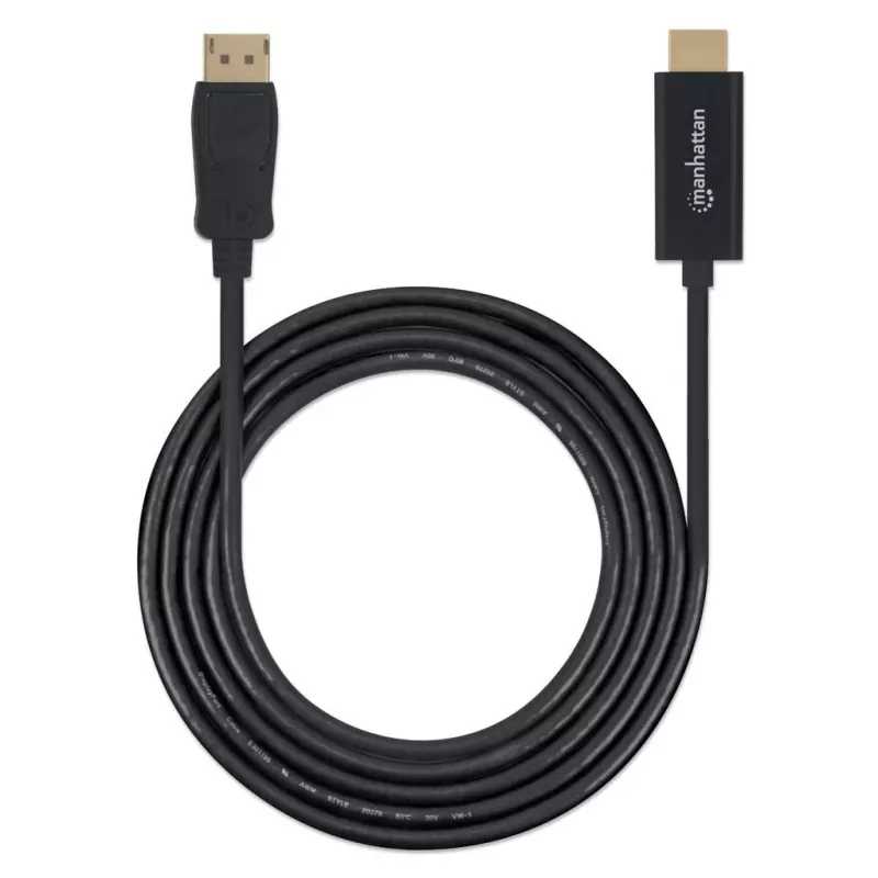 Manhattan DisplayPort 1.1 na HDMI kábel, 1080p@60Hz, 1m, konektor samec na konektor samec, DP s uzamknutím, čierny, nie obojsmerný, trojročná záruka