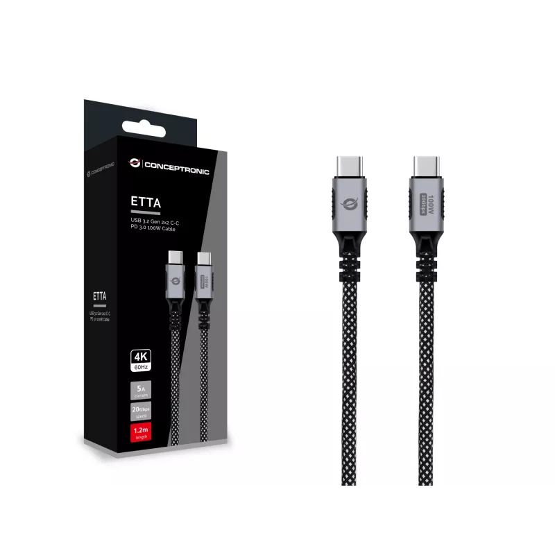 CONCEPTRONIC USB-C na USB-C kábel ETTA07B12 – USB 3.2 Gen 2x2, 1,2 m, 20 Gbps, PD 3.0 100 W (20 V/5 A), 4K60Hz, čierny, E-Mark