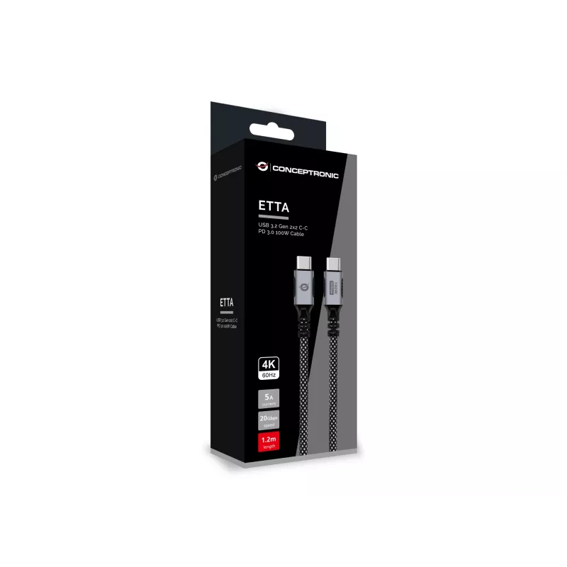 CONCEPTRONIC USB-C na USB-C kábel ETTA07B12 – USB 3.2 Gen 2x2, 1,2 m, 20 Gbps, PD 3.0 100 W (20 V/5 A), 4K60Hz, čierny, E-Mark