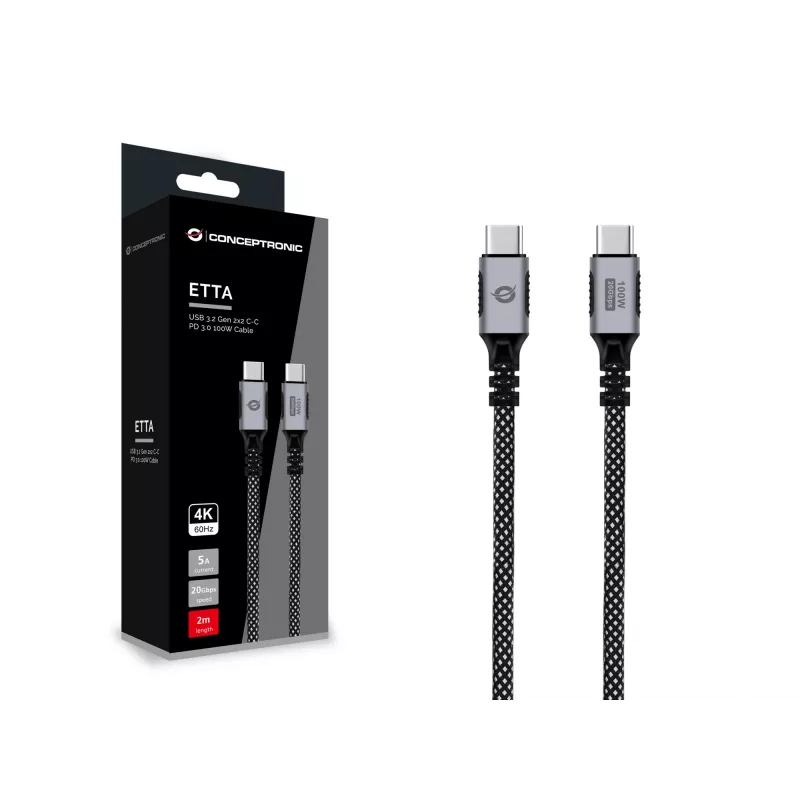 USB-C na USB-C kábel CONCEPTRONIC ETTA07B20 — USB 3.2 Gen 2x2, 2 m, 20 Gbps, PD 3.0 100W (20V 5A), 4K@60Hz, E-mark