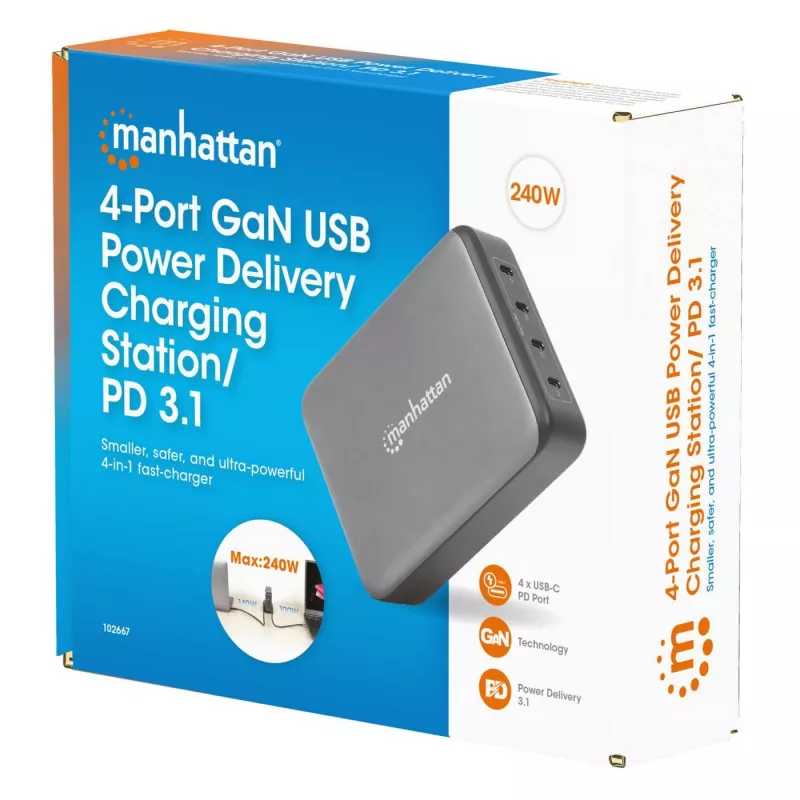 Manhattan 102667 4-portová nabíjacia stanica GaN USB Power Delivery, 240 W