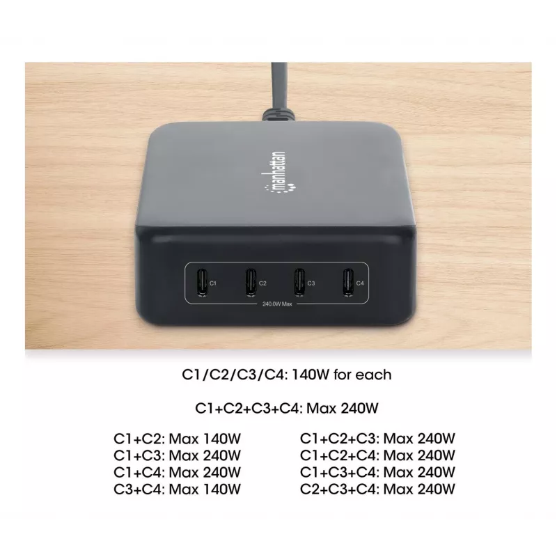 Manhattan 102667 4-portová nabíjacia stanica GaN USB Power Delivery, 240 W