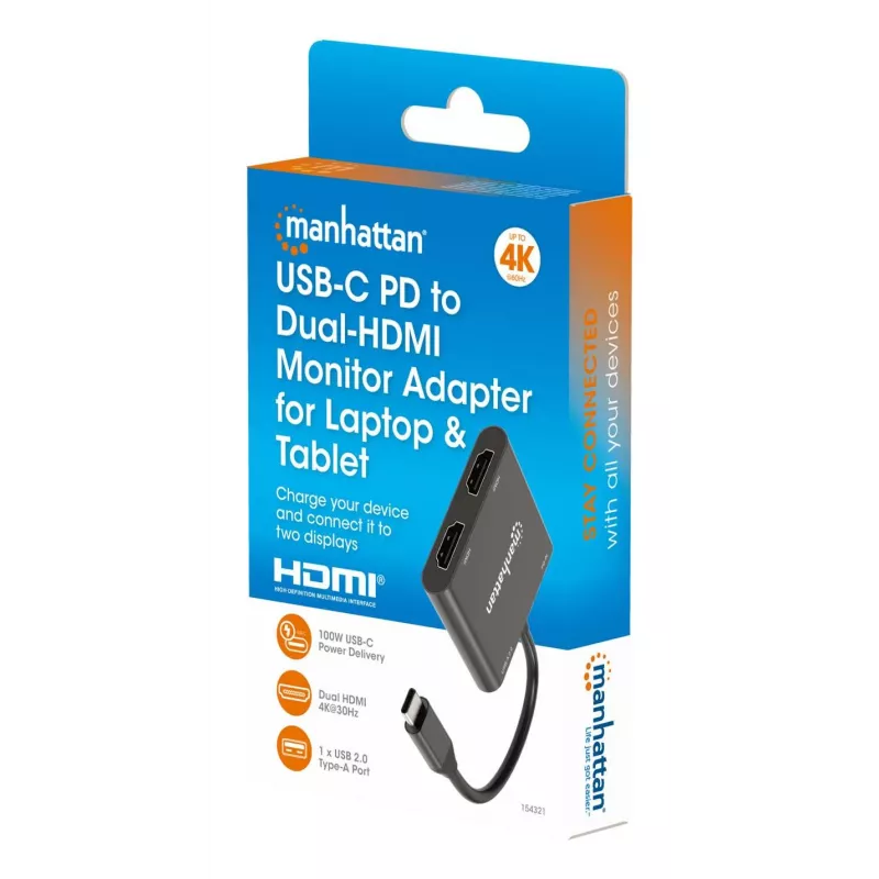 Multiport adaptér Manhattan 154321 USB Type-C na 2 HDMI USB-A Power Delivery 100 W