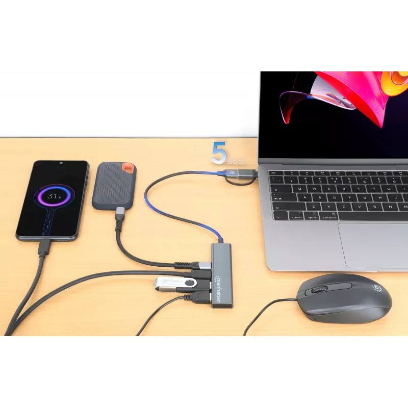USB-C a USB-A Combo Dock/Hub Manhattan 4 porty 5 Gbps hliník