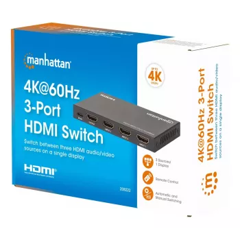 HDMI prepínač 3x1 MANHATTAN 18G automatický manuálny IR diaľkový ovládač čierny