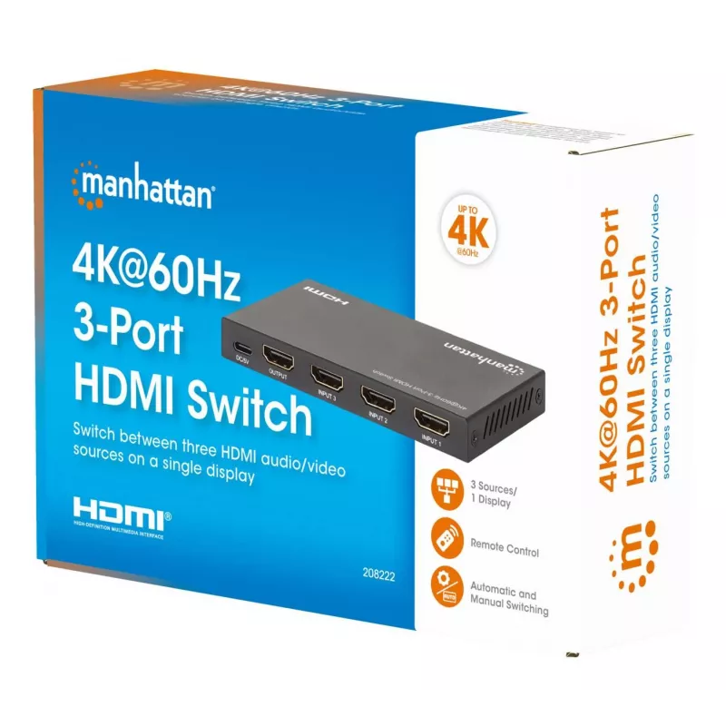 HDMI prepínač 3x1 MANHATTAN 18G automatický manuálny IR diaľkový ovládač čierny