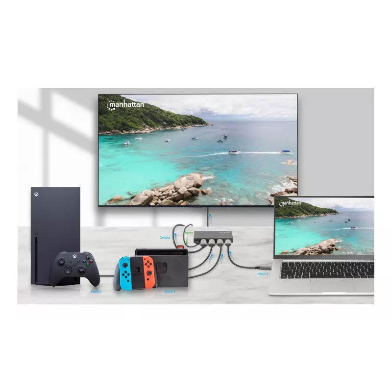 HDMI prepínač 3x1 MANHATTAN 18G automatický manuálny IR diaľkový ovládač čierny