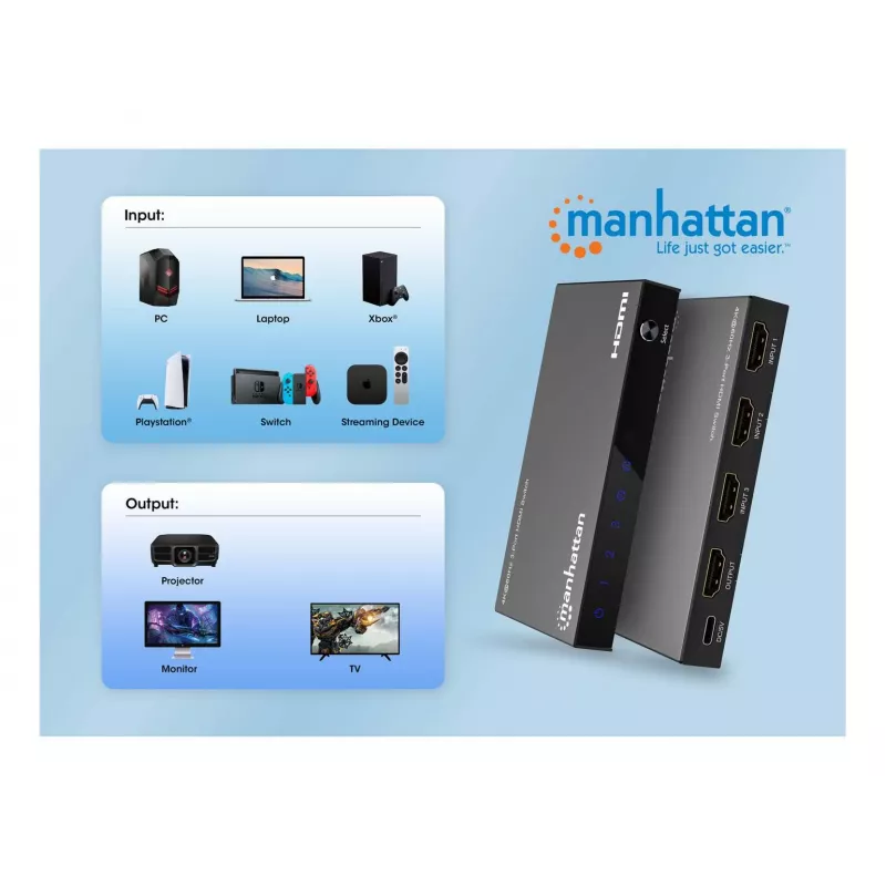 HDMI prepínač 3x1 MANHATTAN 18G automatický manuálny IR diaľkový ovládač čierny