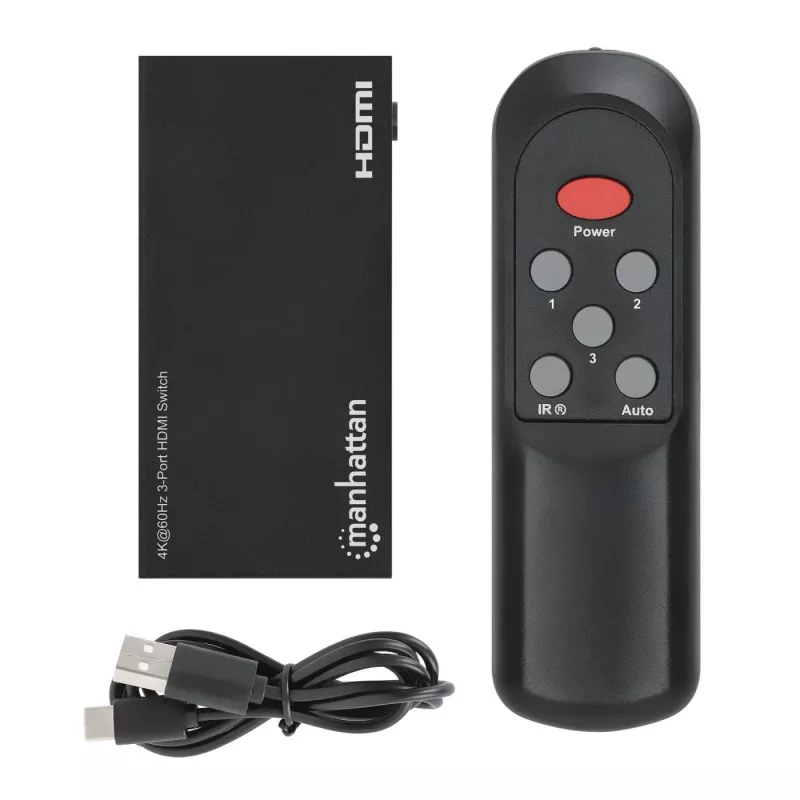 HDMI prepínač 3x1 MANHATTAN 18G automatický manuálny IR diaľkový ovládač čierny