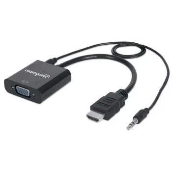 Manhattan HDMI na VGA konvertorový kábel (s audiom), 1080p, 30 cm, samec na samicu, Micro-USB vstup pre napájanie v prípade potreby, čierny, trojročná záruka