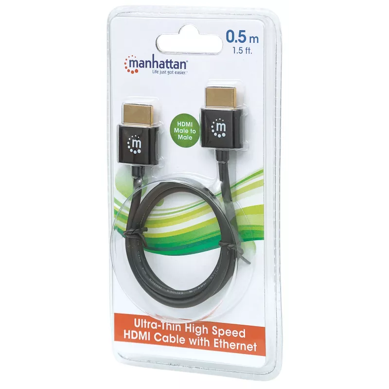 Manhattan HDMI kábel s Ethernetom (Ultra Thin), 4K@60Hz (Premium High Speed), 0,5 m, samec na samca, čierny, Ultra HD 4k x 2k, úplne tienený, pozlátené kontakty, doživotná záruka