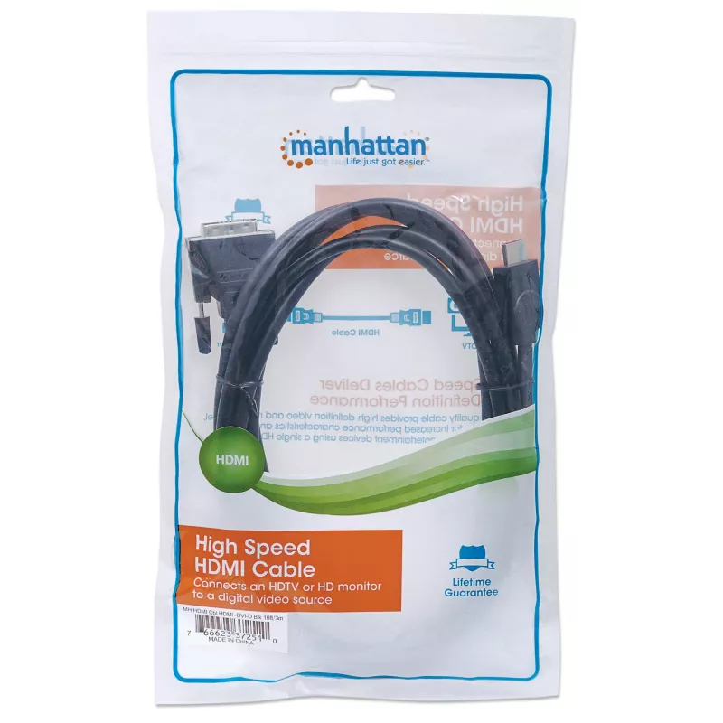 Manhattan HDMI na DVI-D 24+1 kábel, 3m, samec na samca, čierny, Dual Link, kompatibilný s DVD-D, doživotná záruka, zodpovedá HDDVIMM3M