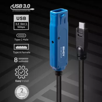 Lindy 43381 USB kábel USB 3.2 Gen 1 (3.1 Gen 1) 8 m USB C USB A čierny, modrý