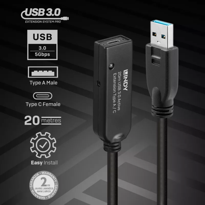 Lindy 20 m USB 3.0 aktívne predlžovacie Type A na C