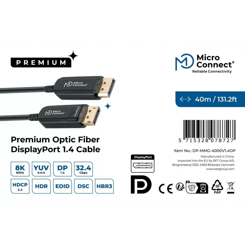 DisplayPort kábel MicroConnect DP-MMG-4000V1.4OP — DisplayPort 1.4, podporuje až 8K@60Hz