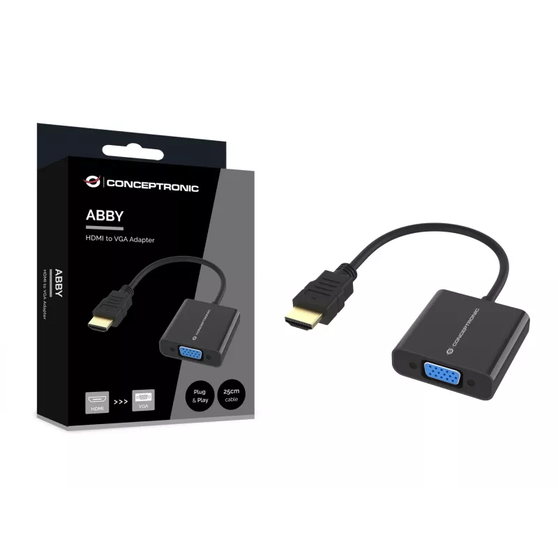 Conceptronic ABBY20B HDMI na VGA adaptér, 0,25 m, HDMI typ A (štandard), VGA (D-Sub), konektor samec, konektor samica, rovný