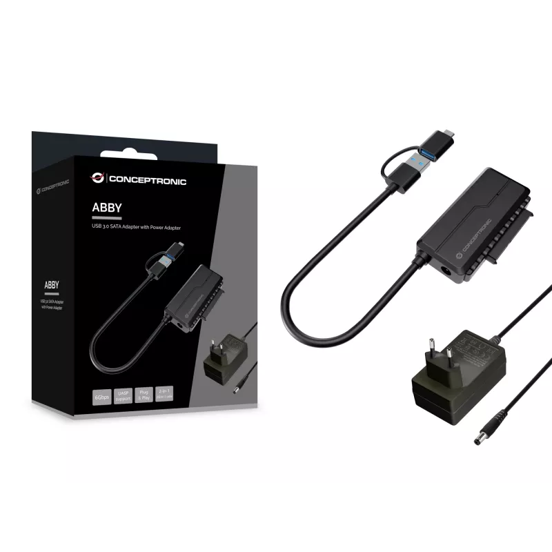 Conceptronic ABBY21B USB 3.0 SATA adaptér s napájacím zdrojom, 2,5 palca/3,5 palca SATA HDD/SSD, 2-in-1 USB-C/A kábel