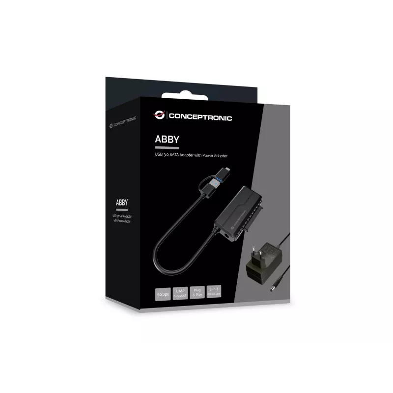 Conceptronic ABBY21B USB 3.0 SATA adaptér s napájacím zdrojom, 2,5 palca/3,5 palca SATA HDD/SSD, 2-in-1 USB-C/A kábel