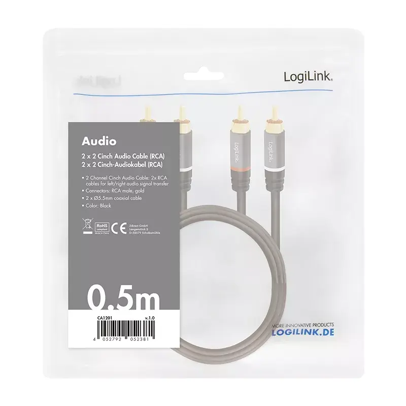 Audio kábel LogiLink CA1201 0,5 m 2 x RCA čierny