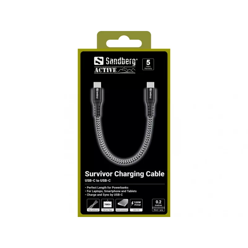 USB-C kábel Sandberg Survivor 0,2 m 100 W čierny biely