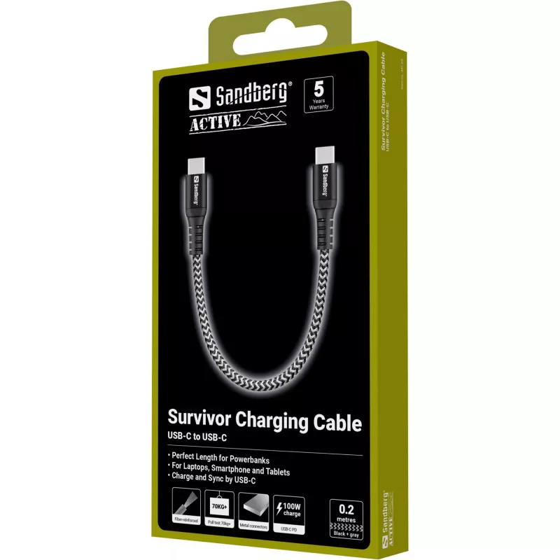 USB-C kábel Sandberg Survivor 0,2 m 100 W čierny biely