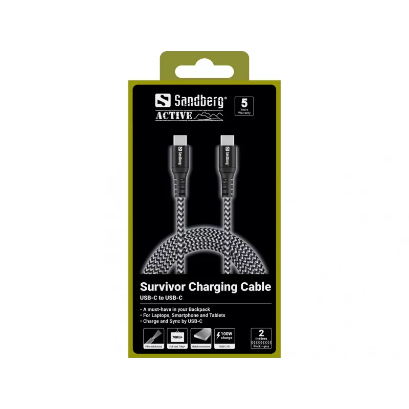 USB-C kábel Sandberg Survivor 2M 100W čierny biely