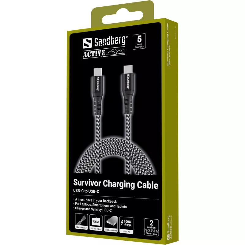 USB-C kábel Sandberg Survivor 2M 100W čierny biely