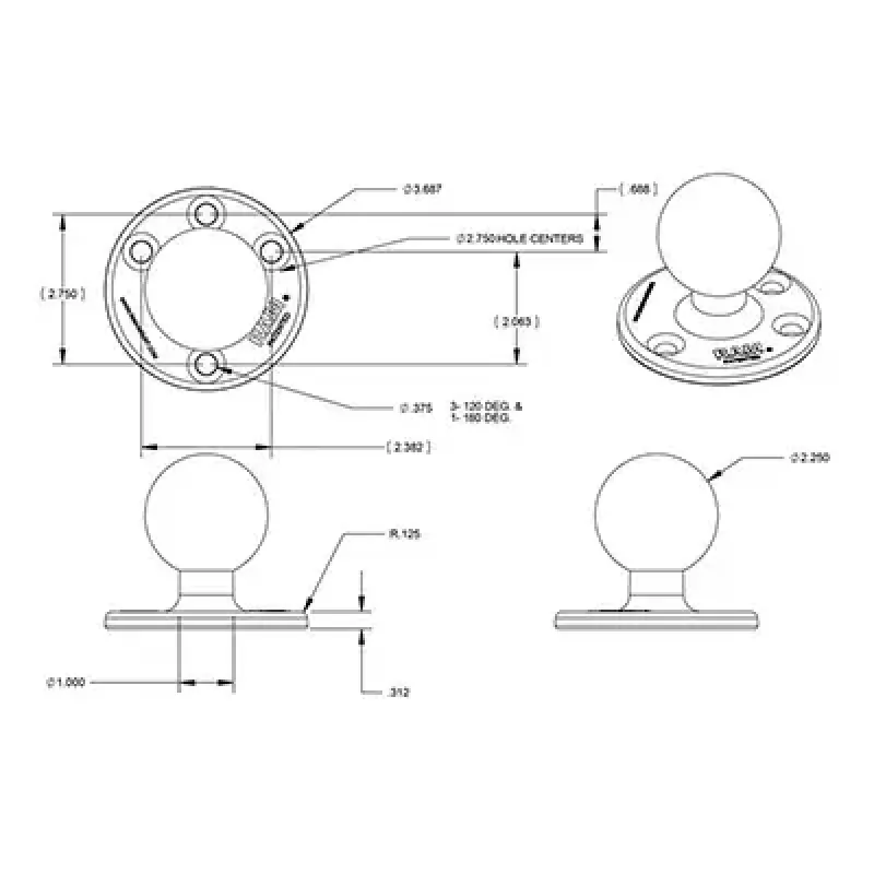 RAM Mounts RAM-D-202U okrúhla základňa s guľou veľkosti D, gumová guľa 2,25 palca, priemer 93,5 mm (3,68 palca)