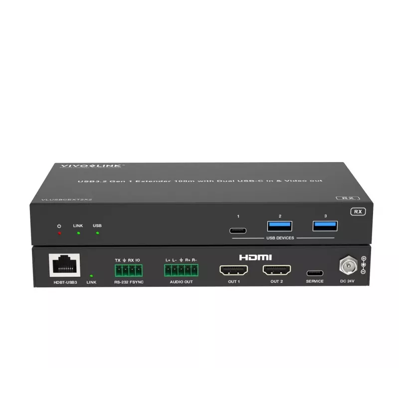 VivoLink VLUSBCEXT2X2 extender USB 3.2 Gen 1, 100 m, dvojitý vstup USB-C a video