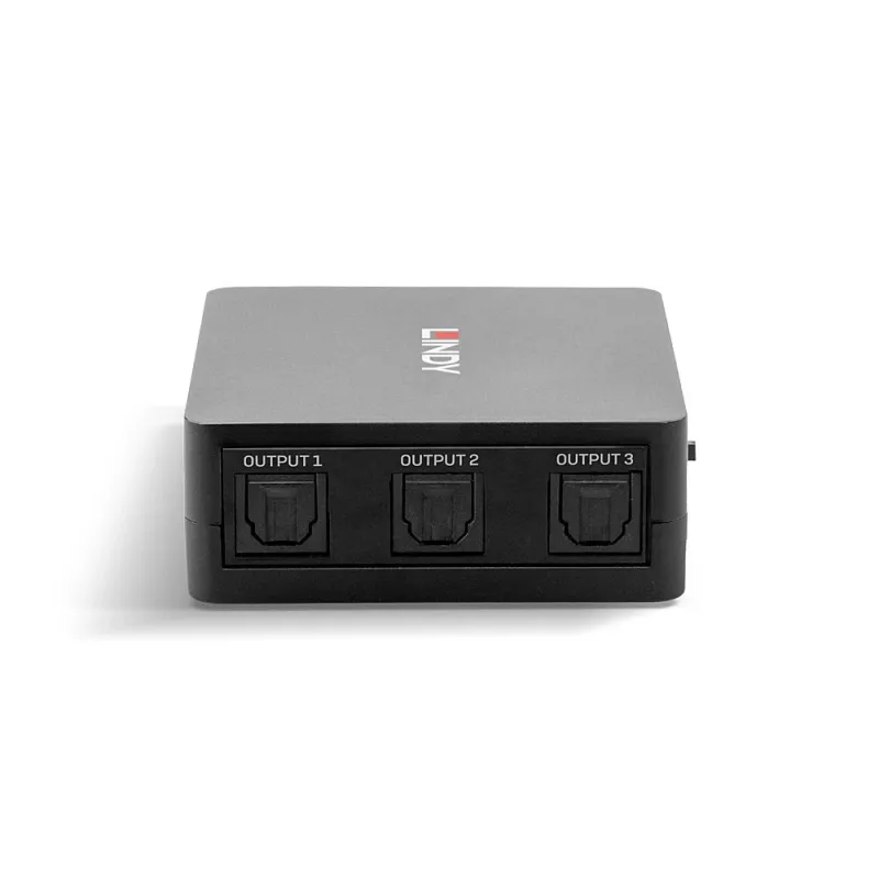 Lindy 3-portový optický (TosLink) audio splitter, čierna, 1x TosLink, 3x TosLink, konektor samec, konektor samec, CE, FCC, REACH