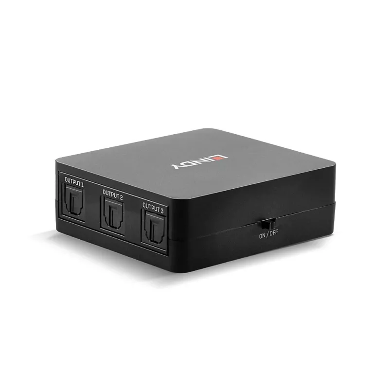 Lindy 3-portový optický (TosLink) audio splitter, čierna, 1x TosLink, 3x TosLink, konektor samec, konektor samec, CE, FCC, REACH