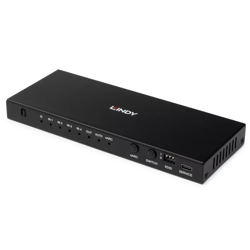 Lindy 4-portový HDMI 8K60 prepínač s eARC HDMI USB A USB C