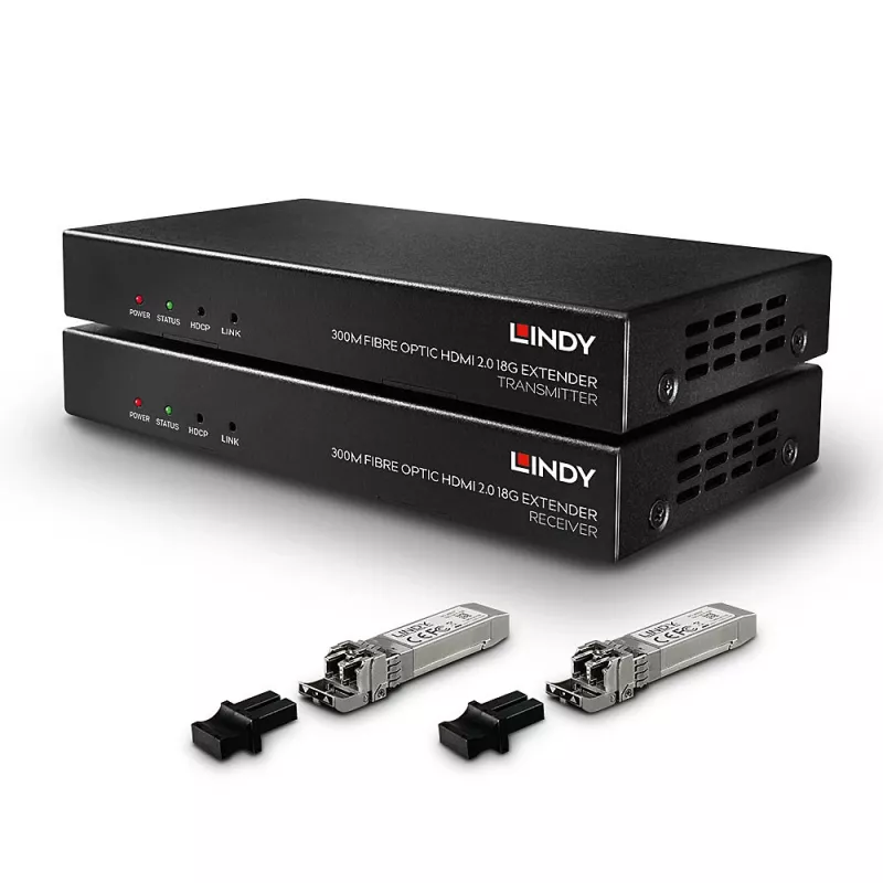 AV vysielač a prijímač Lindy 300m optický HDMI 18G a IR extender