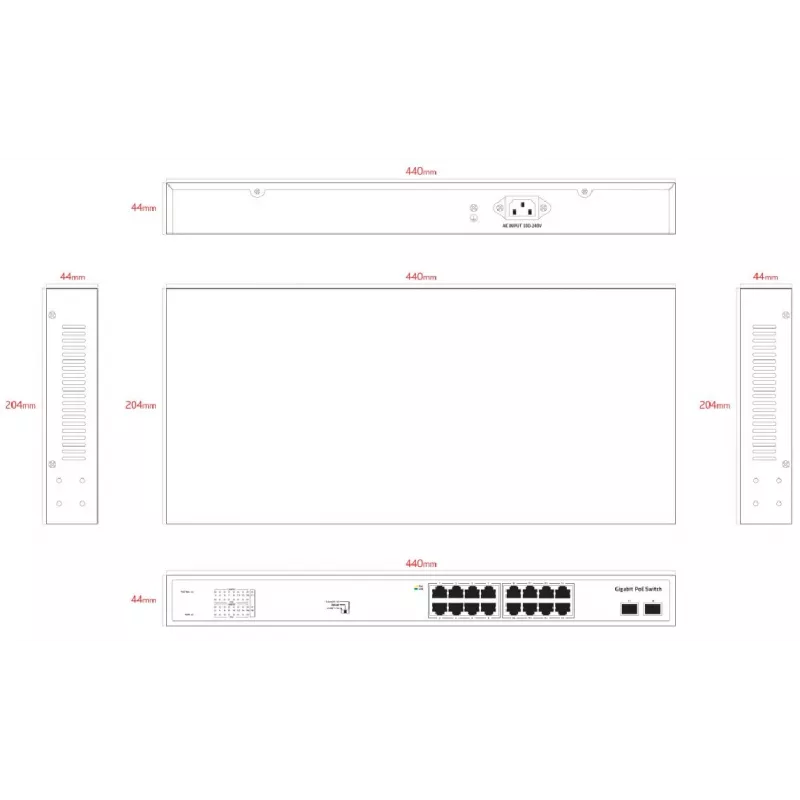 ERNITEC nemanaged PoE switch ELECTRA-U16-1GB 16 portov, 1 GbE Uplink, 285W Power Budget