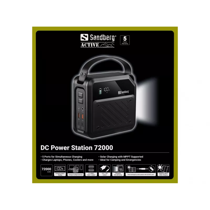 Prenosná DC powerstation SANDBERG Sandberg DC Power Station 72000 — LMFP 72 000 mAh, DC & USB-C vstup, čierna
