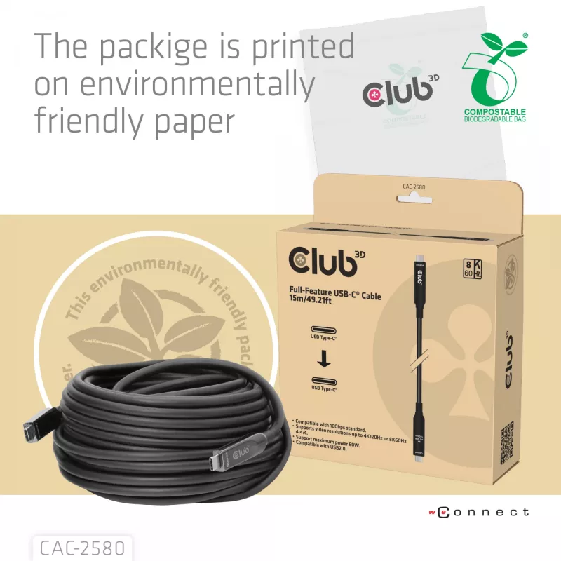 CLUB3D 15M Full-Feature USB-C® kábel / 49,21ft 8K60Hz 10Gbps 60W