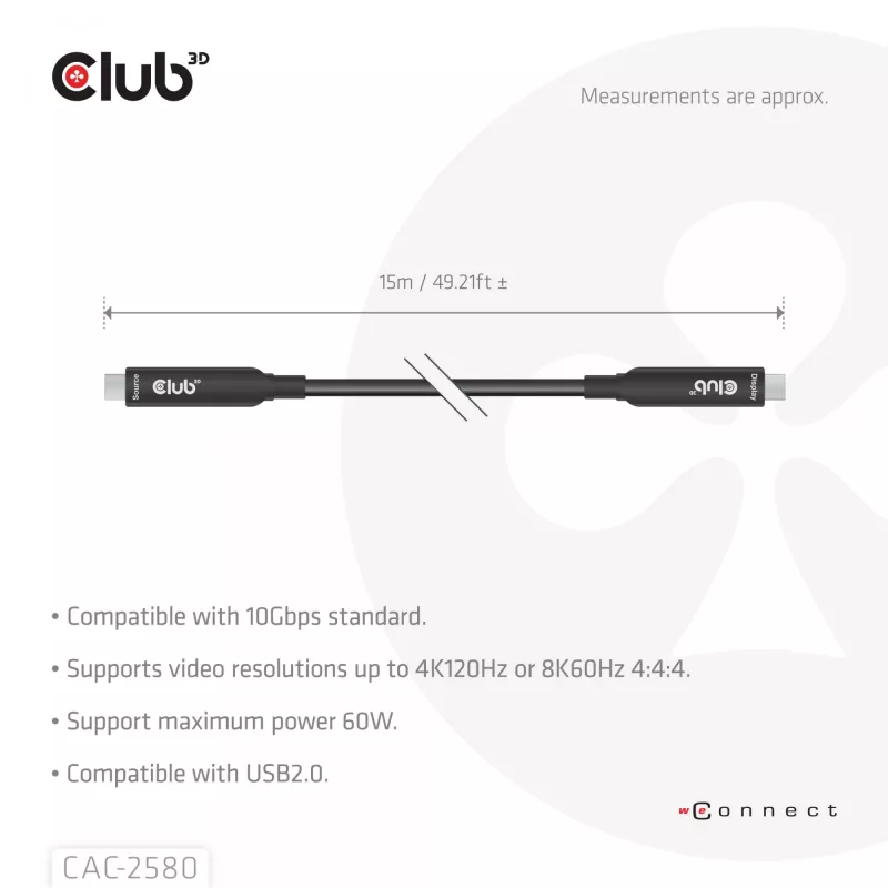 CLUB3D 15M Full-Feature USB-C® kábel / 49,21ft 8K60Hz 10Gbps 60W